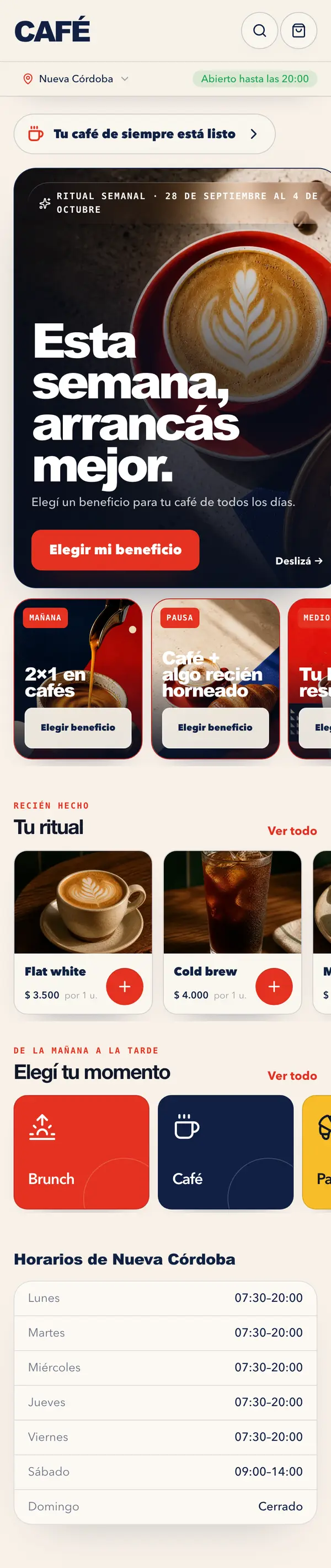 Inicio de cafe.iman.ar en el celular: beneficios de la semana, productos y horarios